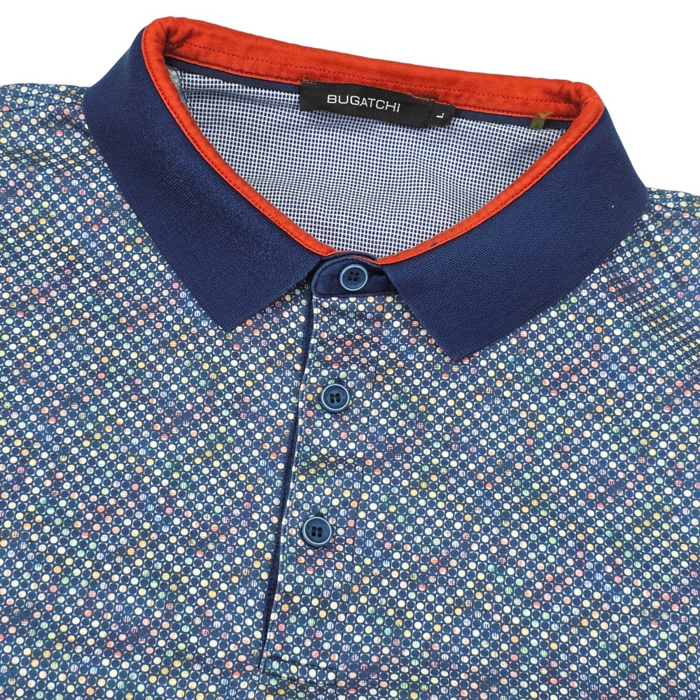 Bugatchi Polo Shirt Men Large Blue Multi Geometric Dot Short Sleeve Collared L